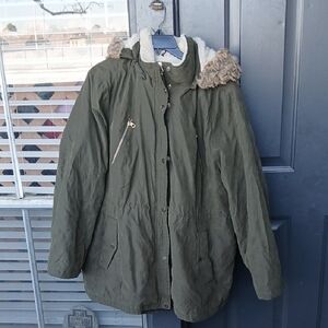 Liz Claiborne Forest Green Utility Jacket with Faux Fur Hood